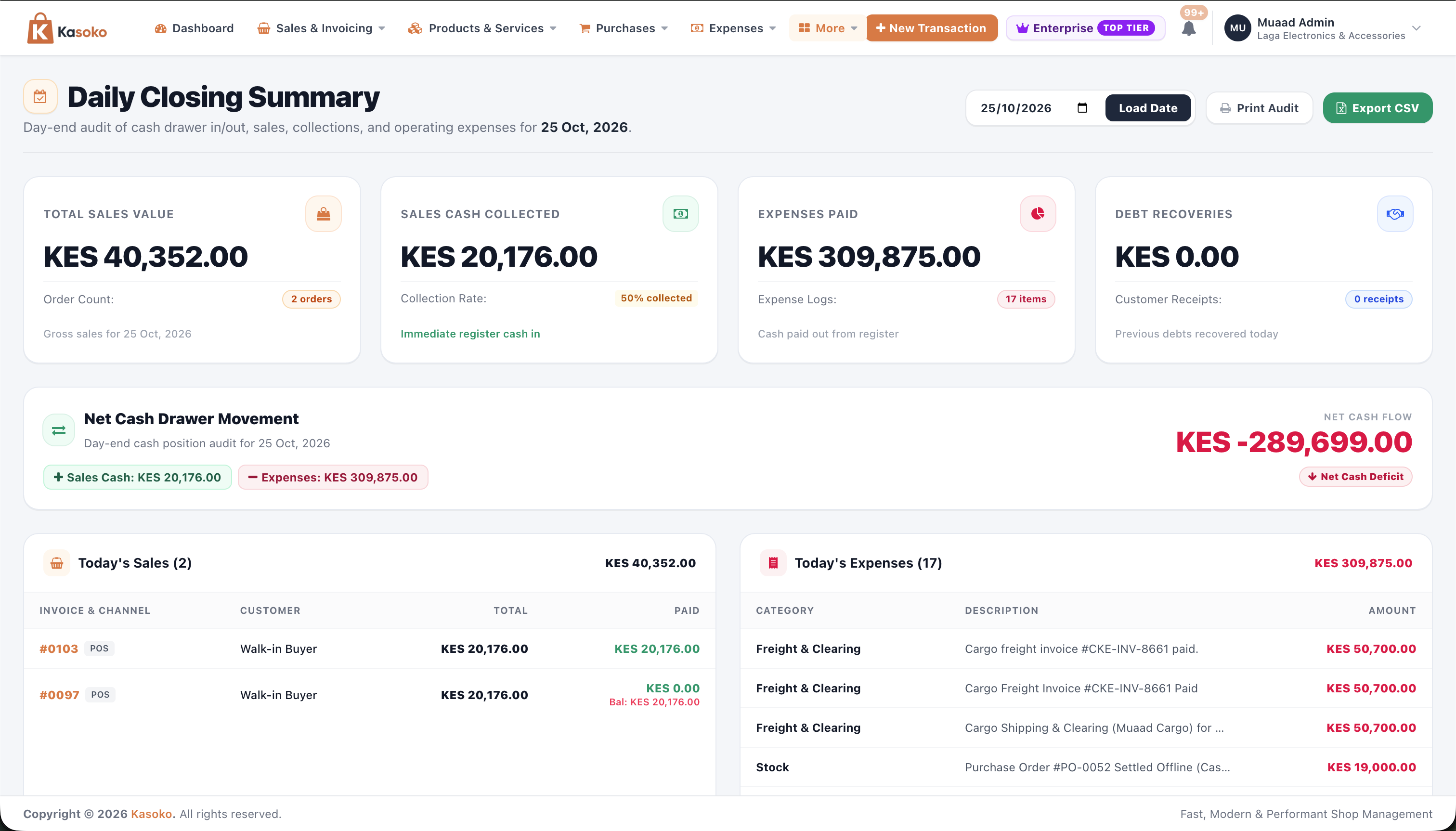 Kasoko Daily Closing Summary showing Total Sales, Cash Collected, Expenses Paid, Old Debts Paid, and Expected Cash in Drawer
